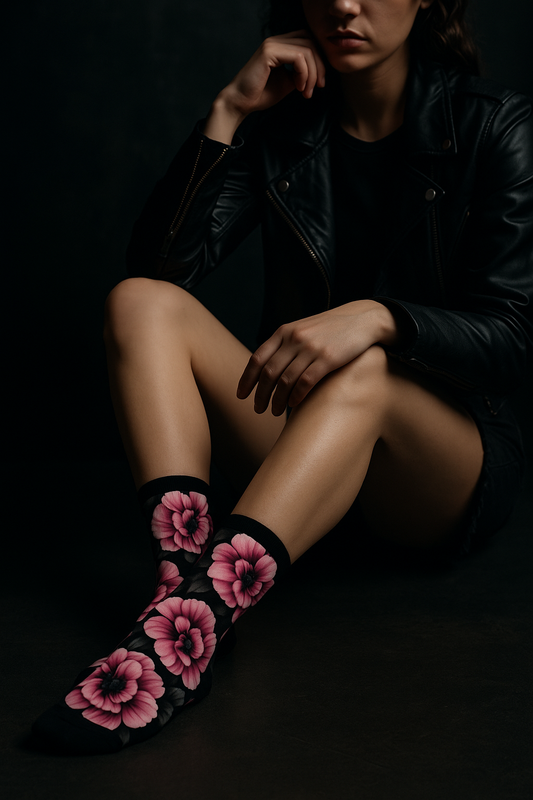 Midnight Bloom Crew Socks — Soft Floral, Dark Edge